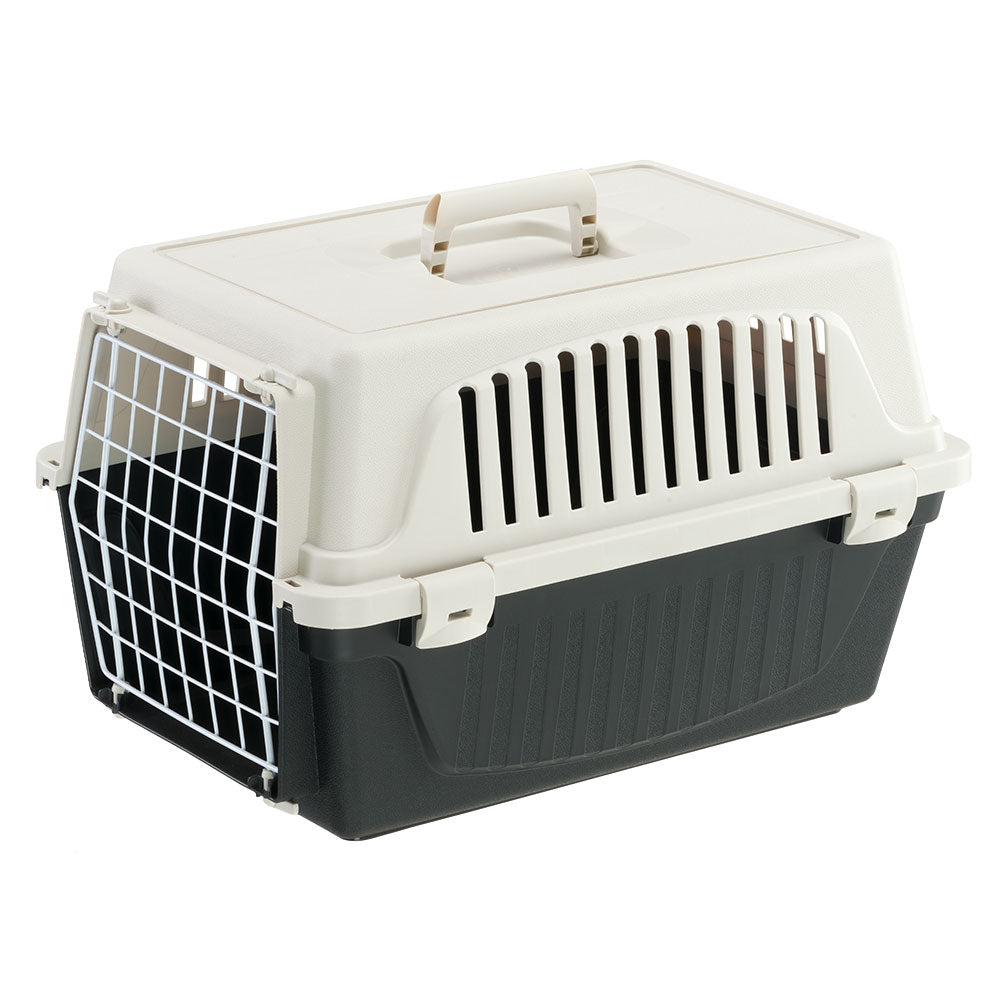 Pet carrier with secure metal door and ventilation slots, ideal for small animals. Durable plastic design, portable with top handle. Perfect for travel.