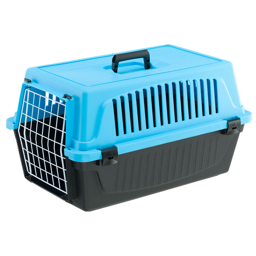 Blue and black plastic pet carrier with ventilation slits and metal door, ideal for safe pet transport. Durable, portable travel crate for cats and dogs.