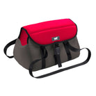 Red and gray insulated lunch bag with adjustable black straps, secure buckle closure, and durable fabric. Ideal for travel, school, or work.