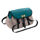 Teal and beige insulated lunch bag with adjustable black straps and buckle, featuring a bear logo. Ideal for travel, picnics, and outdoor activities.