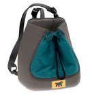 Stylish gray and teal drawstring backpack with adjustable straps, featuring a bear logo. Perfect for travel, hiking, or daily use. Durable and spacious.