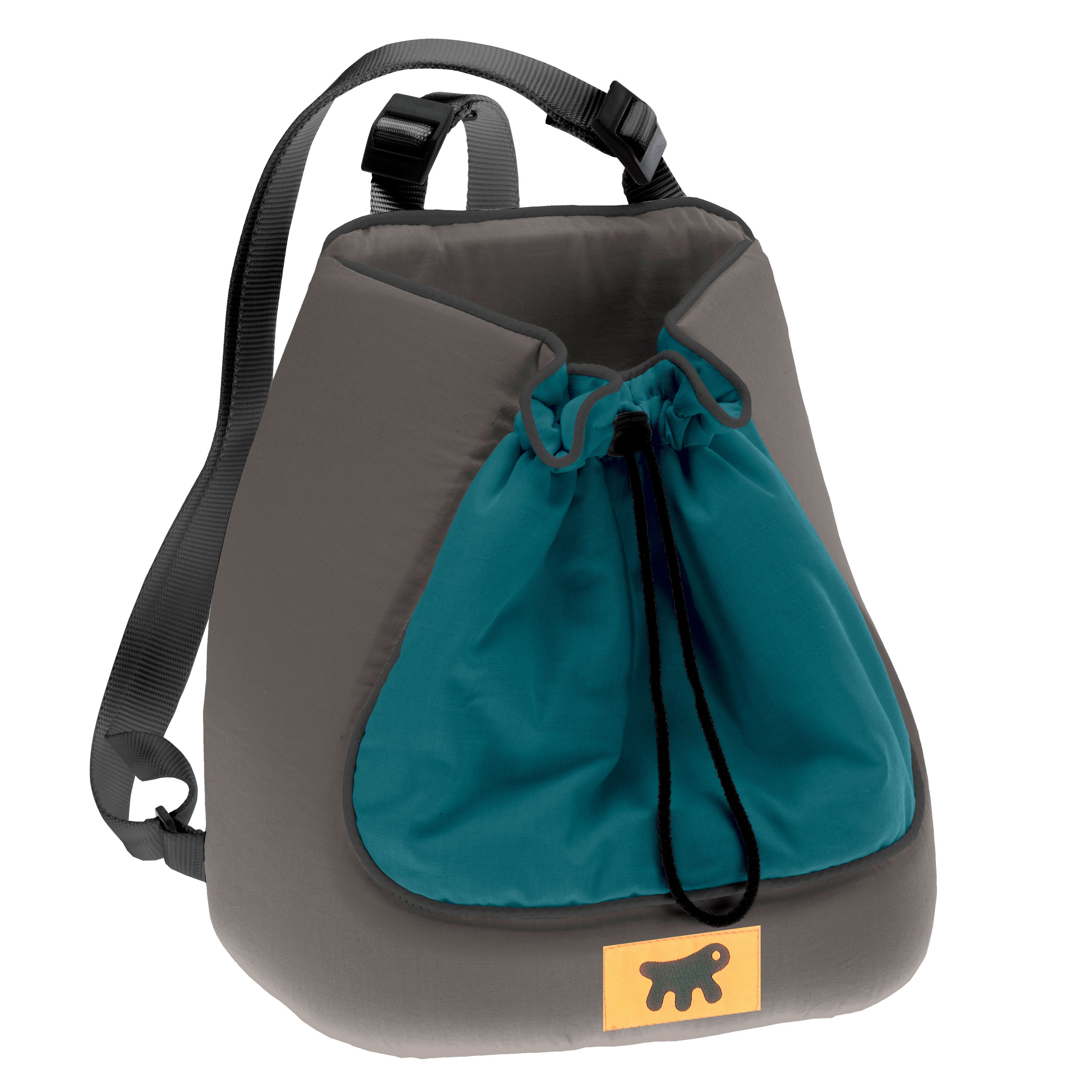 Gray and teal drawstring backpack with adjustable straps, featuring a bear logo. Ideal for hiking, travel, and outdoor activities. Durable and stylish design.