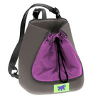 Gray and purple drawstring backpack with adjustable straps, featuring a green patch with a blue bear logo. Ideal for travel, hiking, and outdoor activities.