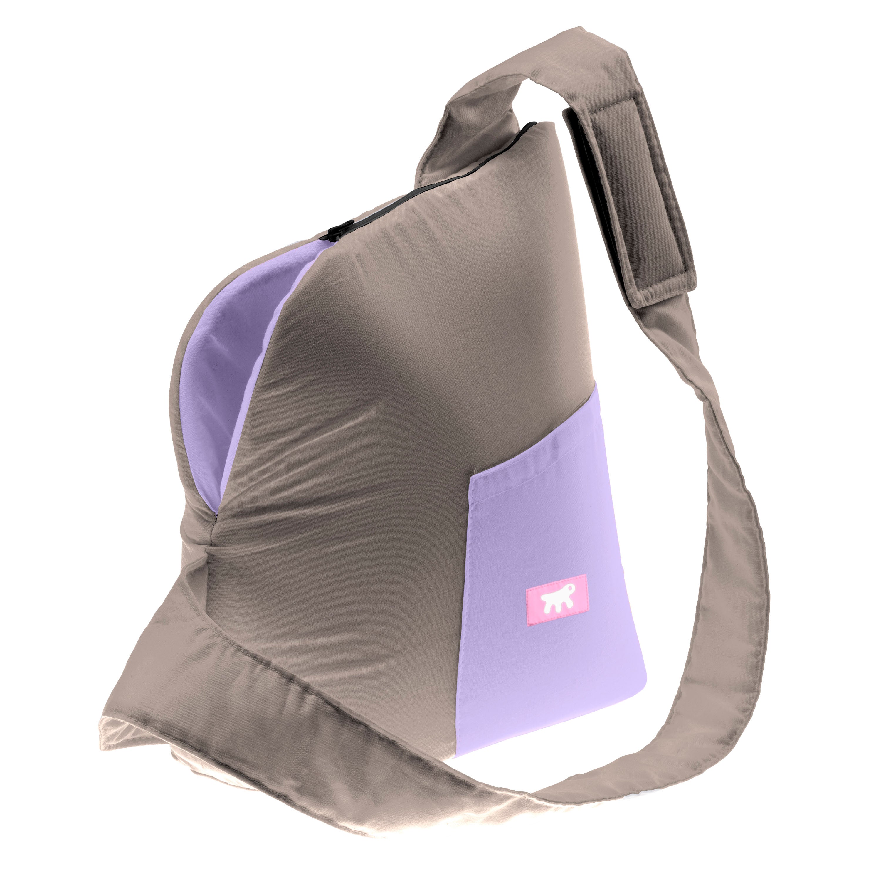 Stylish gray and lavender shoulder bag with padded strap, front pocket, and elephant logo. Perfect for travel, daily use, and fashion enthusiasts.