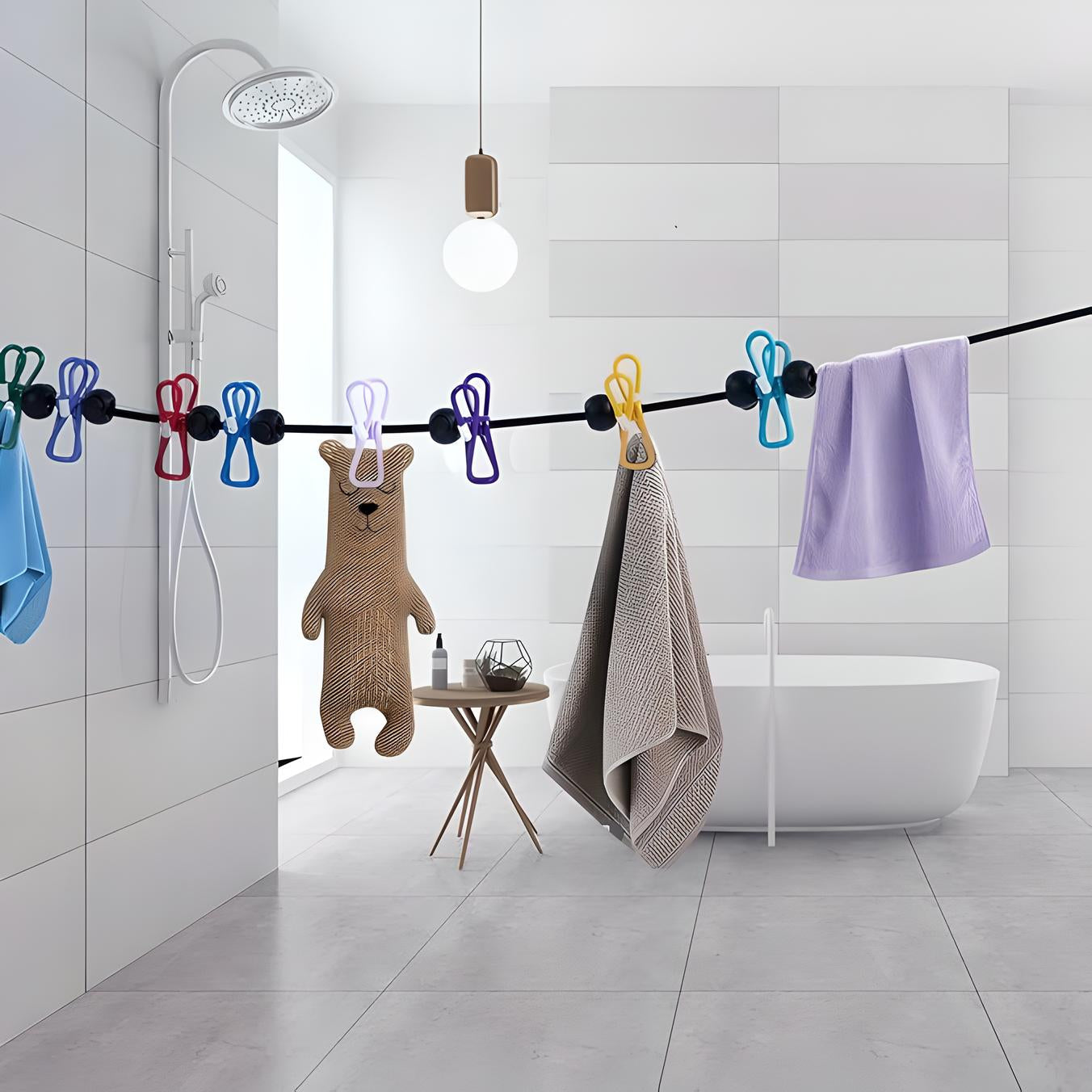 Modern bathroom with freestanding bathtub, rain shower, and towels hanging on a line with colorful clothespins. Minimalist decor, bright lighting.