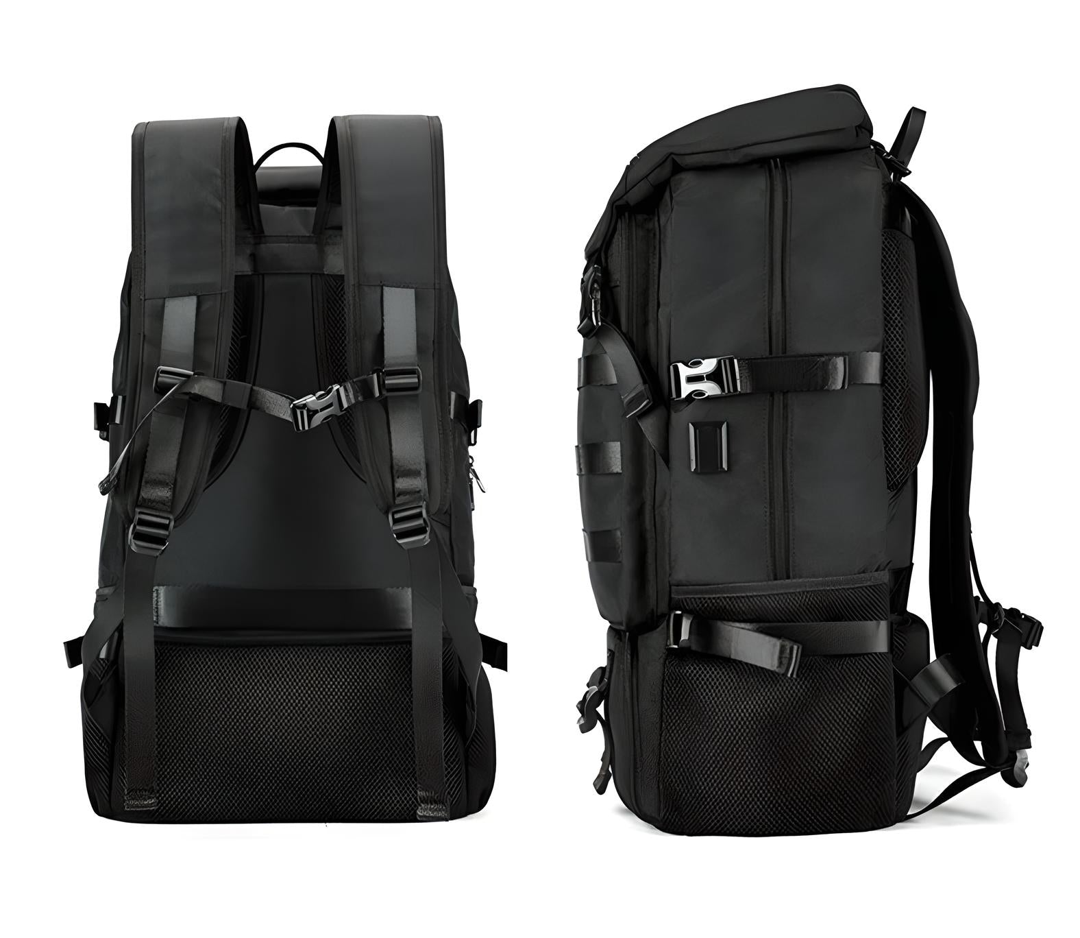 Black tactical backpack with multiple compartments, adjustable straps, and durable material. Ideal for hiking, travel, and outdoor activities.