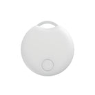 White circular smart tracker device with a small button, ideal for locating keys or bags. Compact design, Bluetooth connectivity, portable.