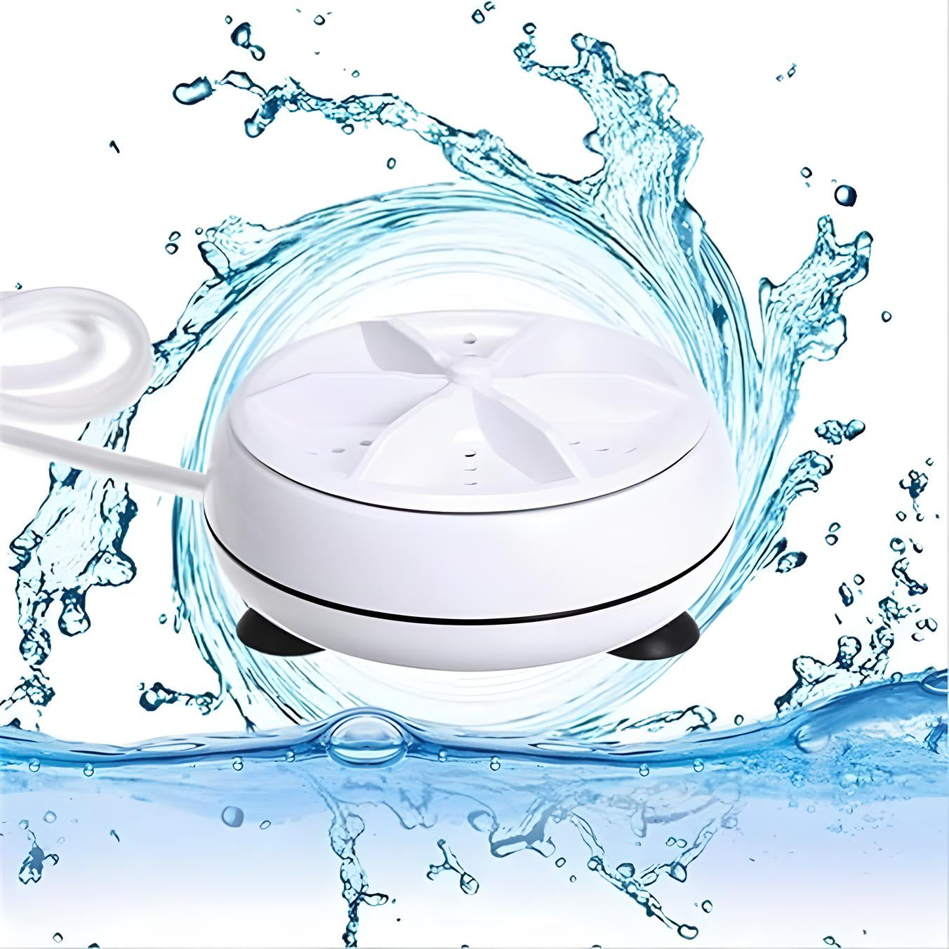 Portable mini washing machine with water splash background, compact design, ideal for travel and small spaces, energy-efficient laundry solution.