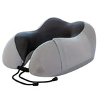 Ergonomic travel neck pillow with memory foam, black mesh cover, and adjustable drawstring for optimal comfort and support during travel.