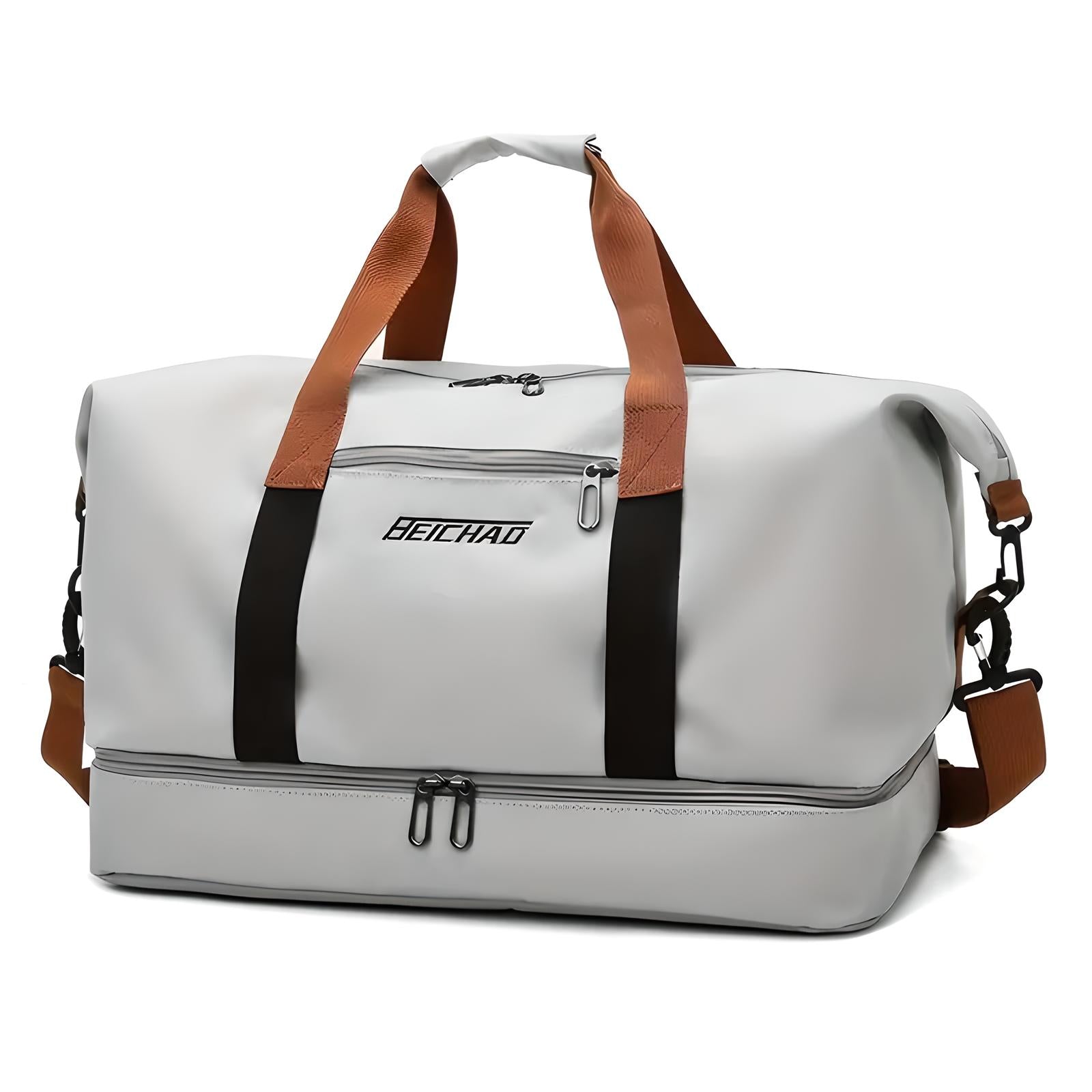 Gray waterproof duffel bag with brown handles, black straps, and multiple compartments. Ideal for travel, gym, or outdoor activities. Durable and stylish design.