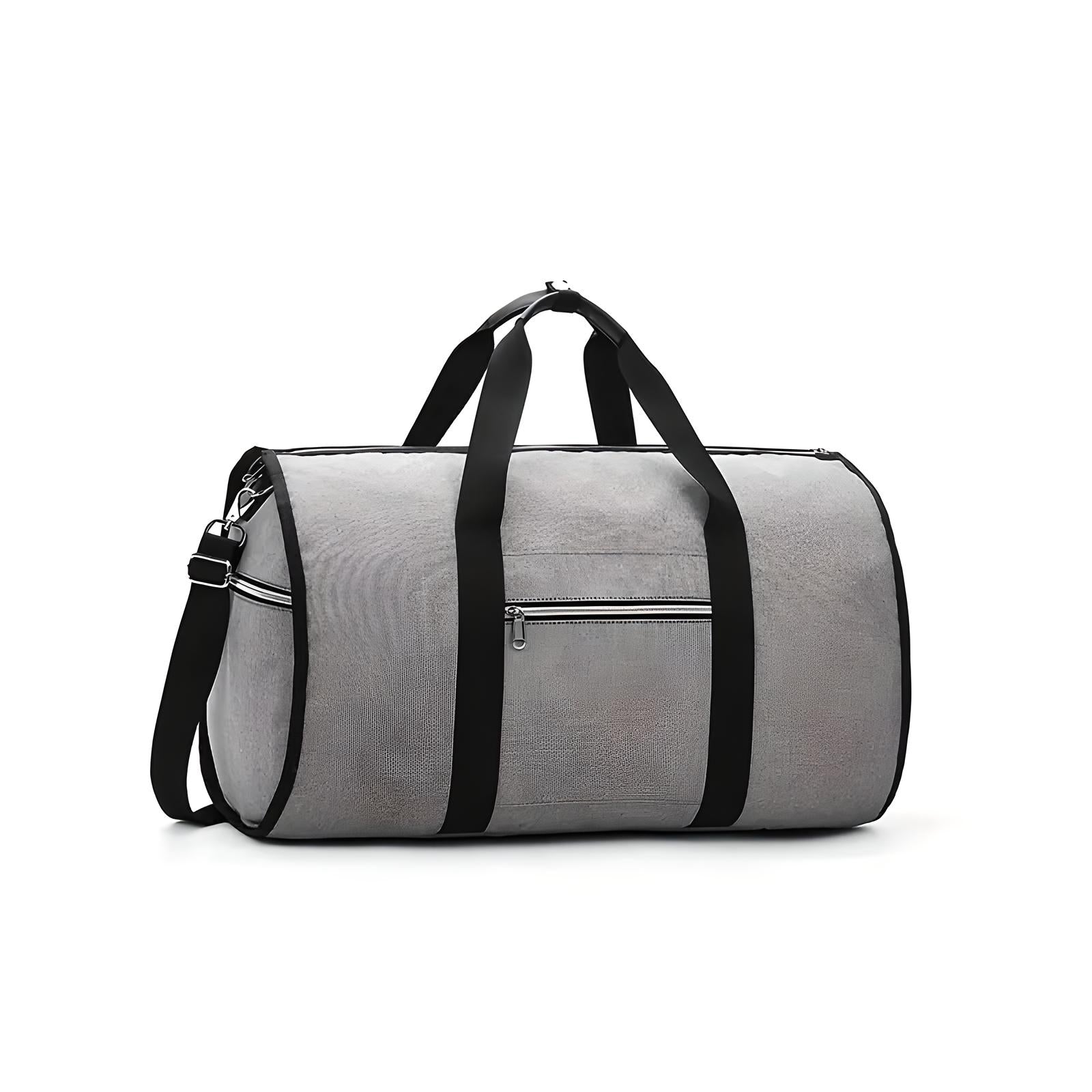 Gray duffel bag with black straps and a front zipper pocket, ideal for travel or gym use. Durable, stylish, and spacious design for versatile storage.