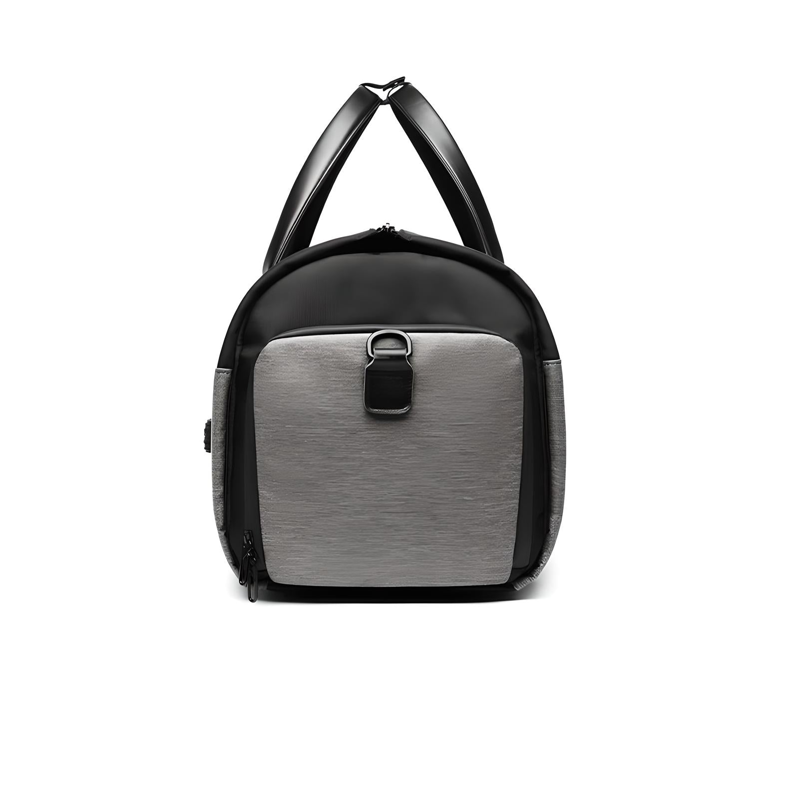 Sleek black and gray backpack with front pocket, modern design, durable straps, ideal for travel and daily use. Stylish, functional, versatile bag.