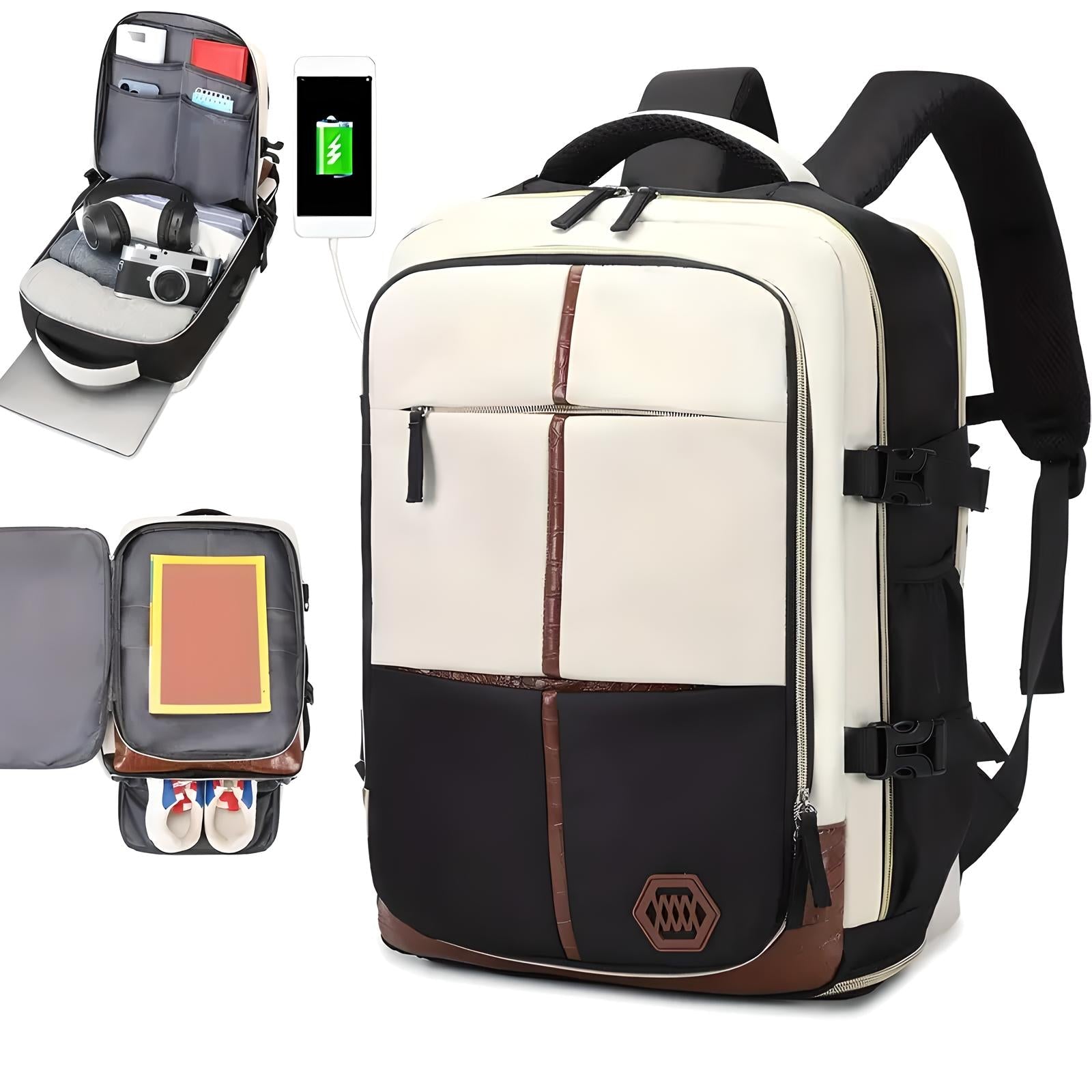 Stylish travel backpack with USB charging port, multiple compartments for laptop, camera, shoes, and accessories. Ideal for tech-savvy travelers.