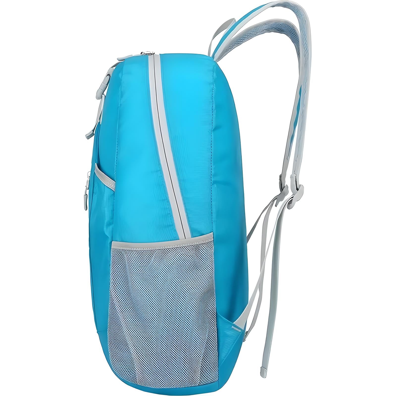 Blue backpack with side mesh pocket, adjustable straps, and sleek design. Ideal for travel, hiking, or school. Durable and lightweight material.