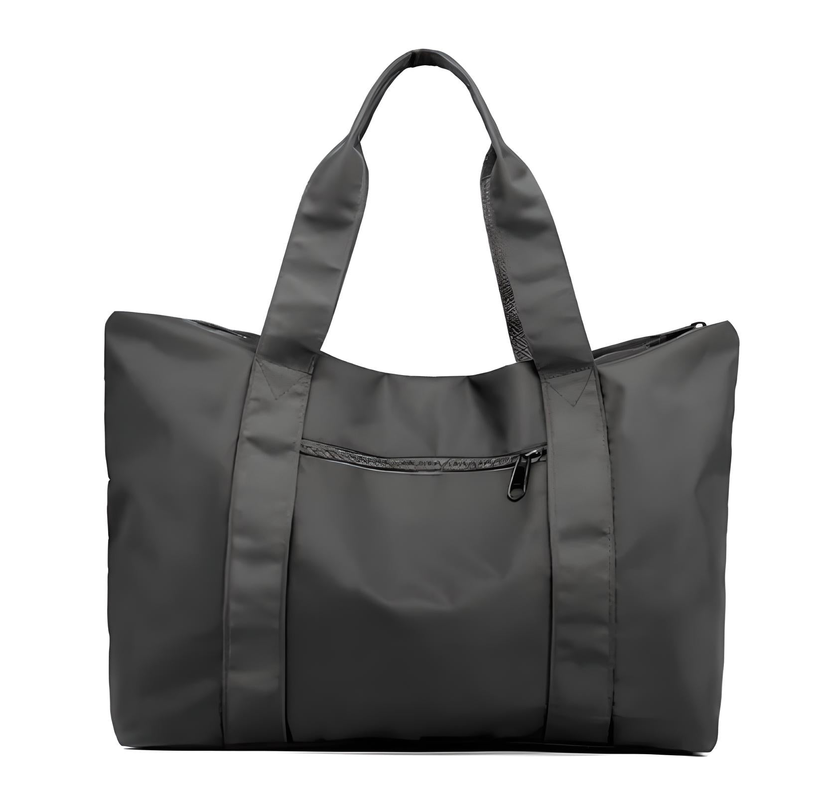 Sleek black tote bag with durable handles and front zipper pocket, perfect for travel or daily use. Stylish, spacious, and versatile accessory.