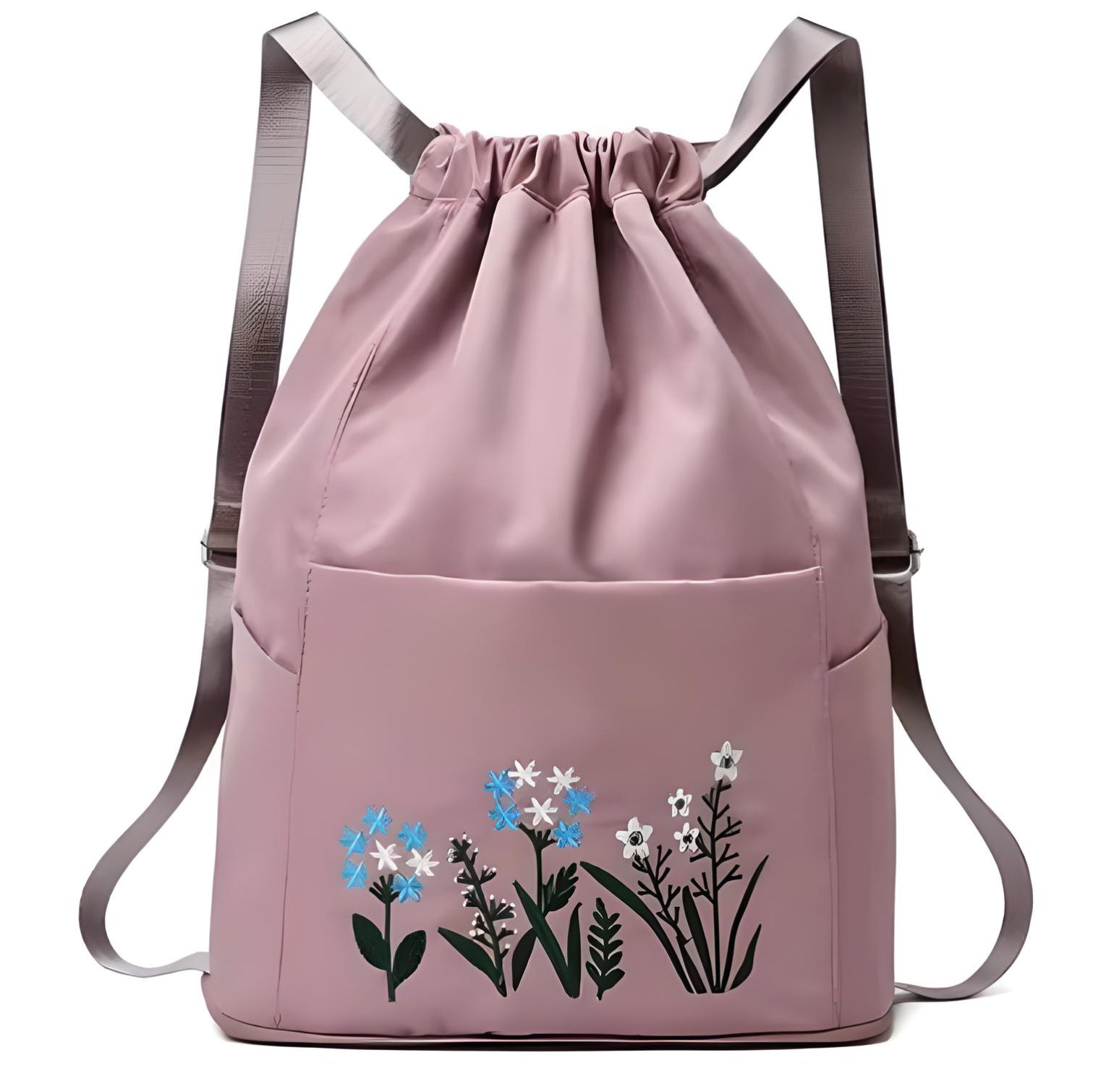 Pink drawstring backpack with floral embroidery, featuring adjustable straps and front pocket. Stylish, functional bag for women, perfect for casual outings.