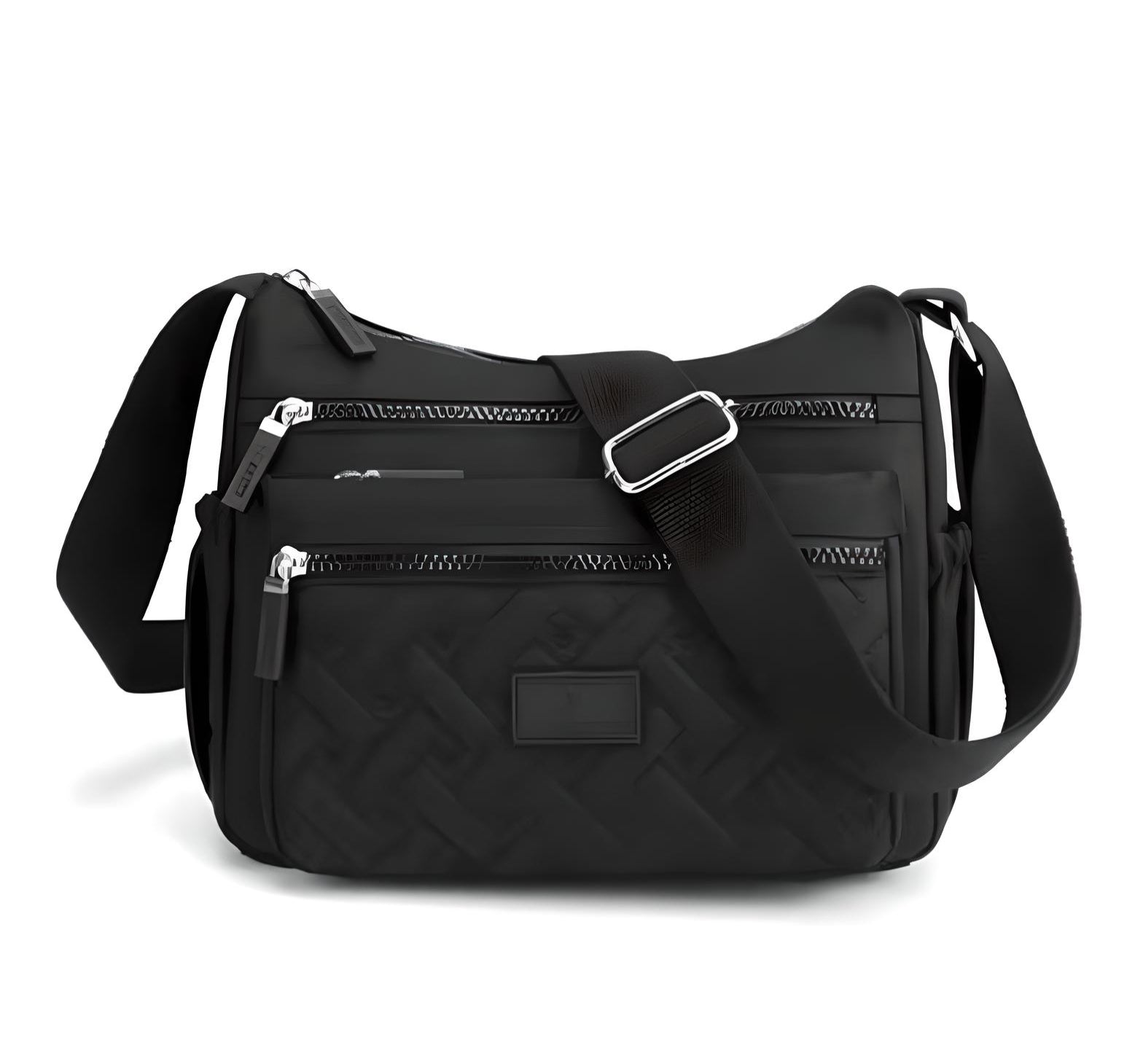 Sleek black crossbody bag with adjustable strap, multiple zippered compartments, and quilted design. Perfect for travel and everyday use.