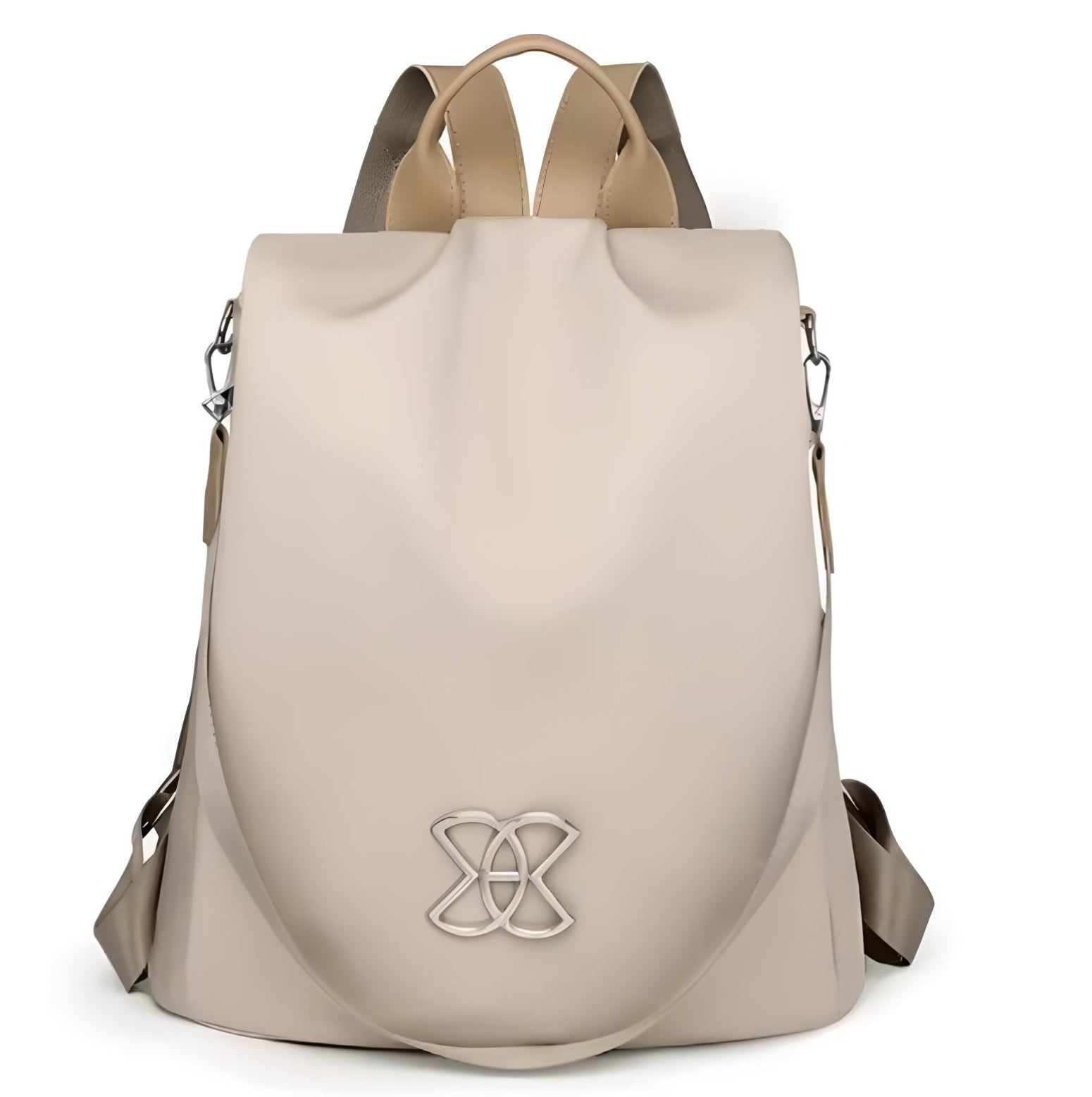 Stylish beige backpack with unique logo design, featuring adjustable straps and sleek modern look. Perfect for travel, school, or daily use.