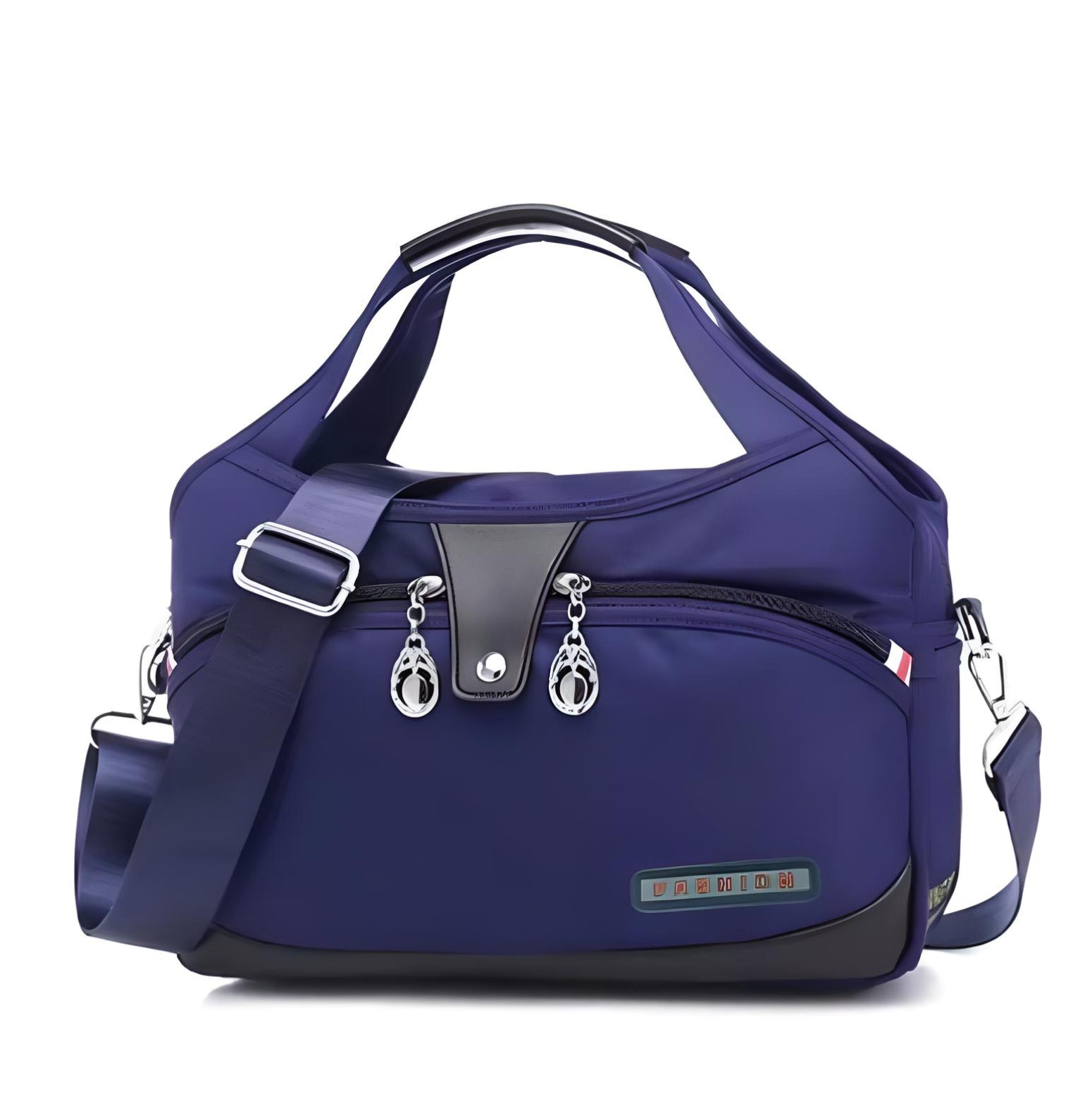 Stylish navy blue travel duffel bag with adjustable shoulder strap, multiple zippered compartments, and sleek design. Perfect for weekend getaways.