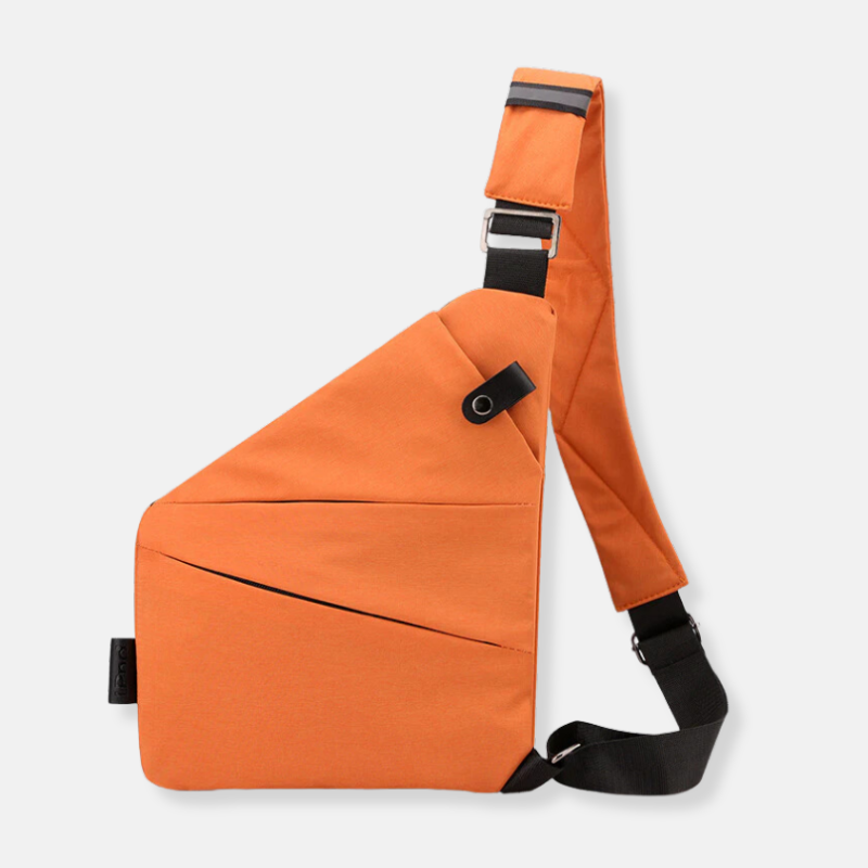 Orange crossbody sling bag with adjustable strap, modern geometric design, and secure buckle closure. Ideal for travel and daily use.