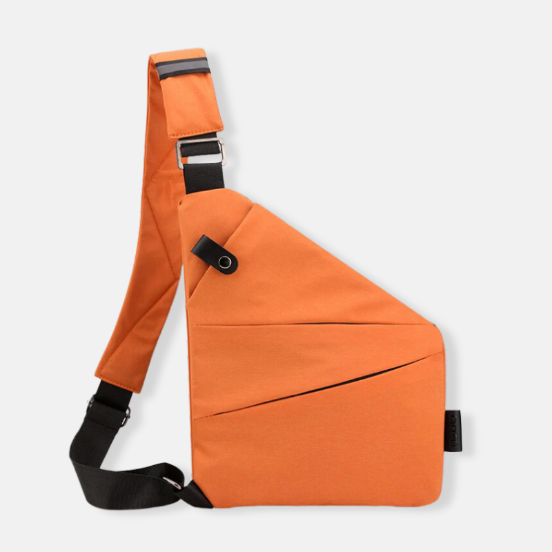 Orange crossbody sling bag with adjustable strap, modern design, and secure pockets. Ideal for travel and daily use. Stylish and functional accessory.