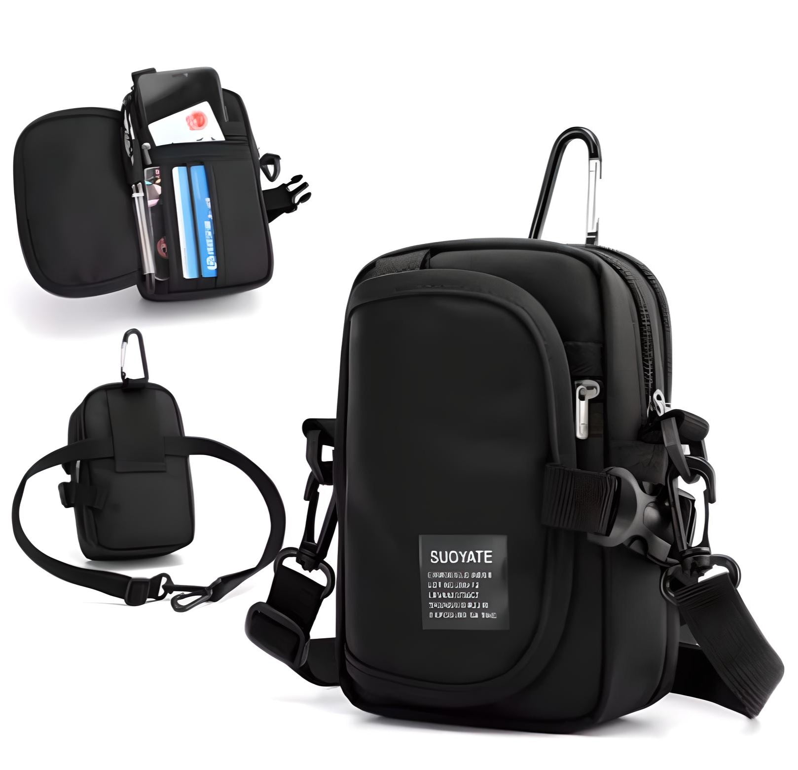 Black crossbody sling bag with multiple compartments, adjustable strap, and carabiner clip. Ideal for travel, hiking, and everyday use. Durable and stylish.