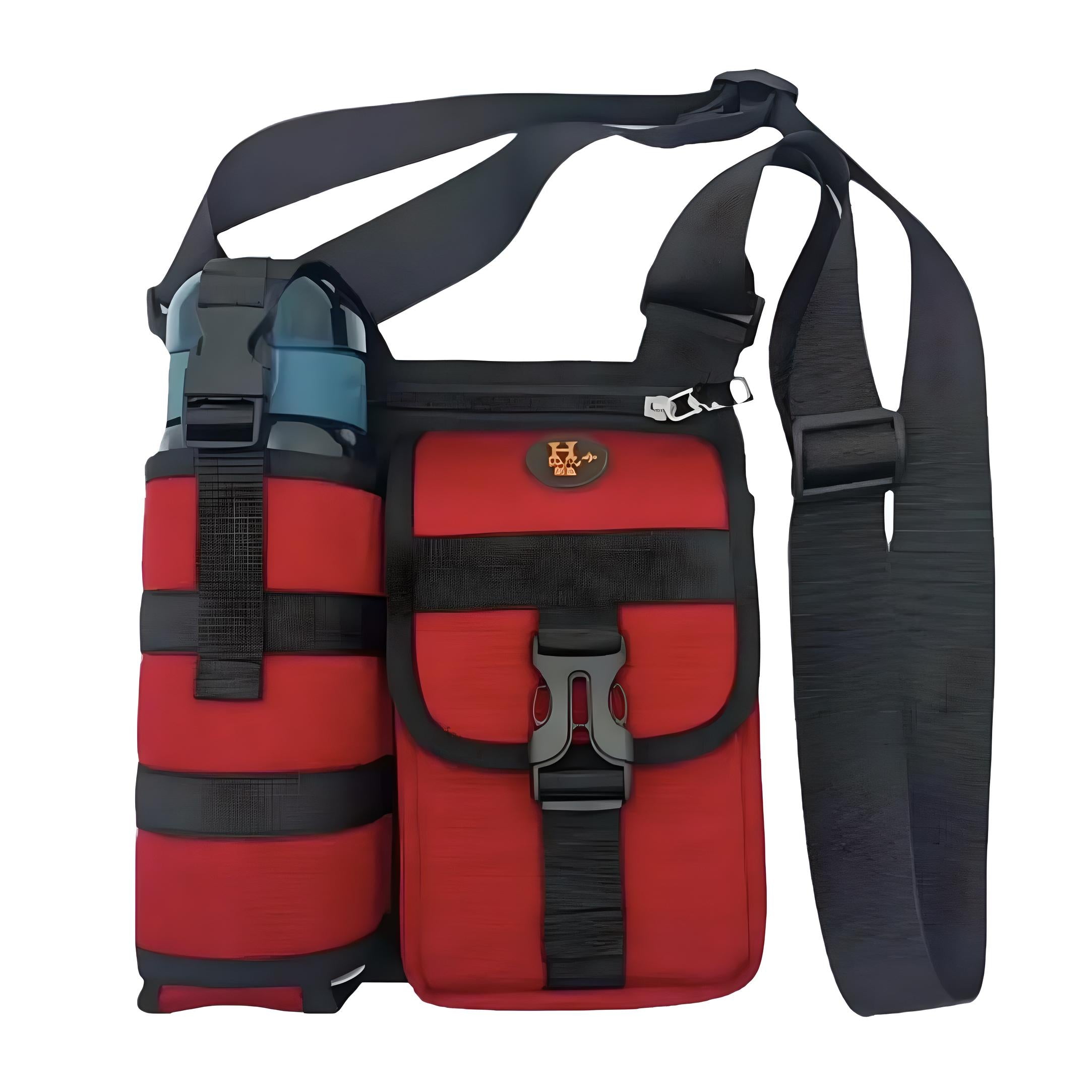 Red tactical shoulder bag with water bottle holder, adjustable strap, and secure buckle closure. Ideal for outdoor activities and travel gear.