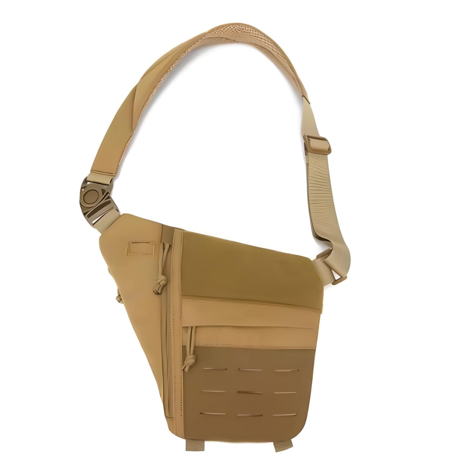 Tan tactical sling bag with adjustable strap, multiple compartments, and durable material. Ideal for outdoor activities, travel, and everyday use.