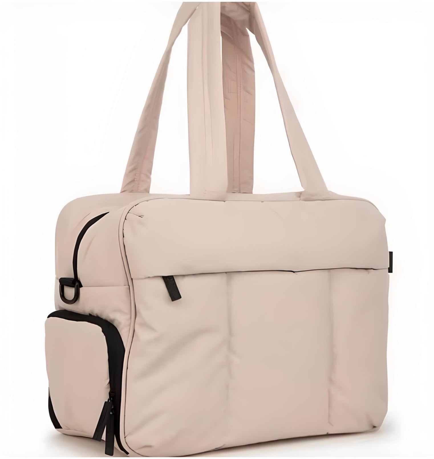 Beige travel duffel bag with multiple pockets, durable straps, and sleek design. Ideal for gym, weekend trips, and carry-on luggage.