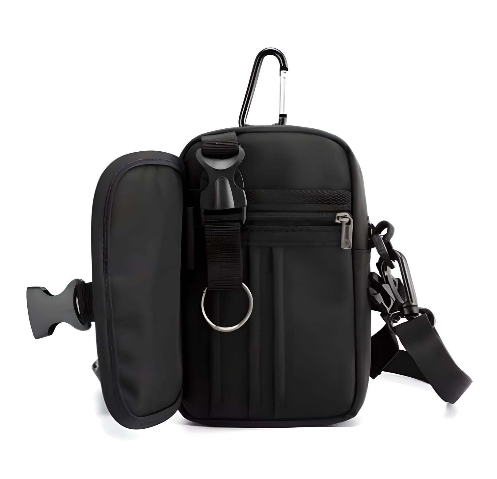 Sleek black crossbody bag with multiple compartments, adjustable strap, and carabiner clip. Ideal for travel and everyday use. Durable and stylish design.