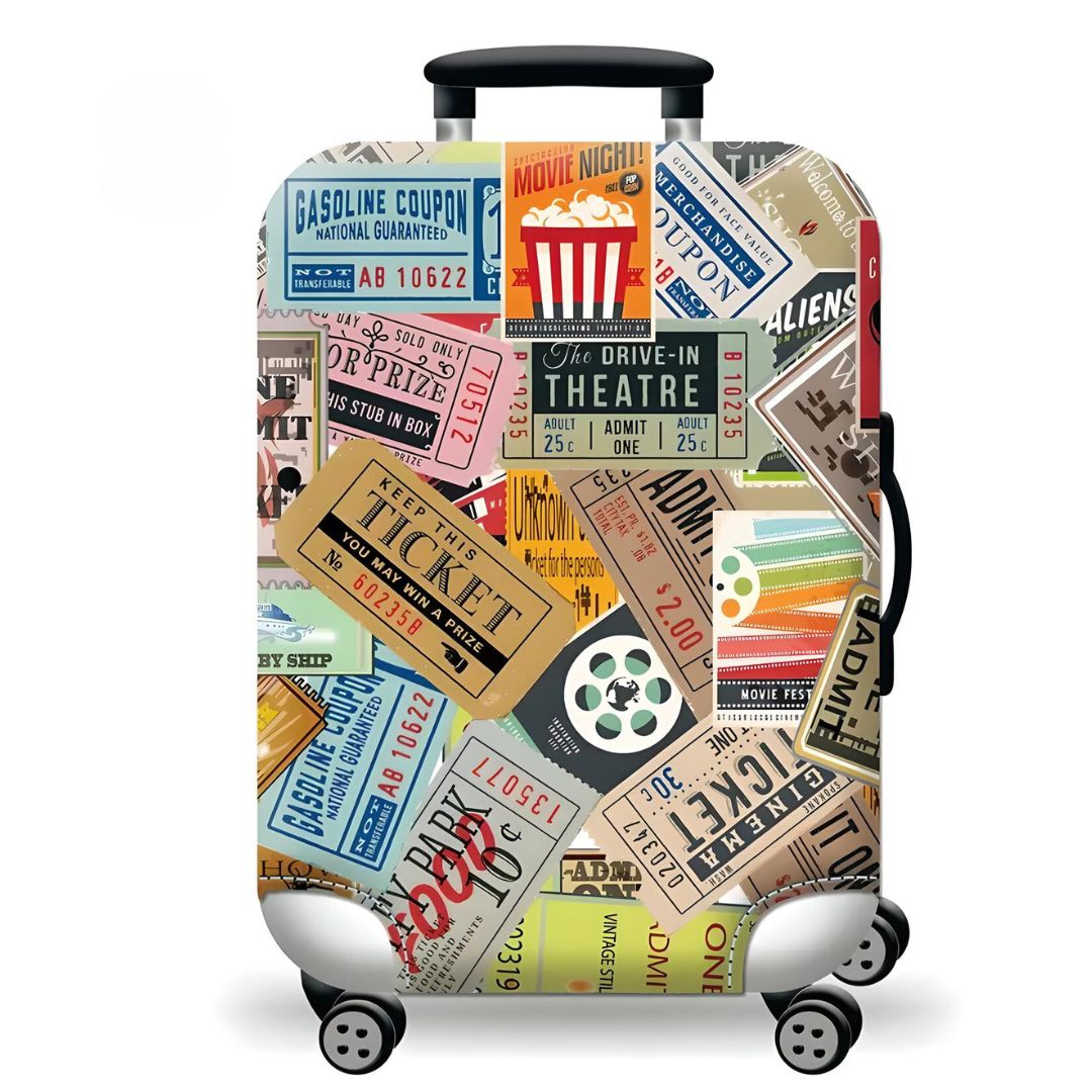 Colorful suitcase with vintage movie ticket design, featuring retro cinema themes, travel luggage, and unique travel accessory.