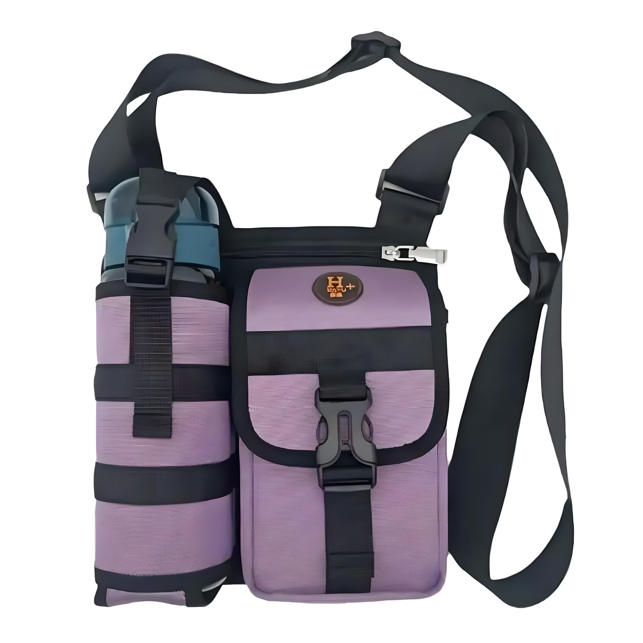 Purple crossbody bag with water bottle holder, adjustable strap, and front buckle pocket. Ideal for hiking, travel, and outdoor activities.