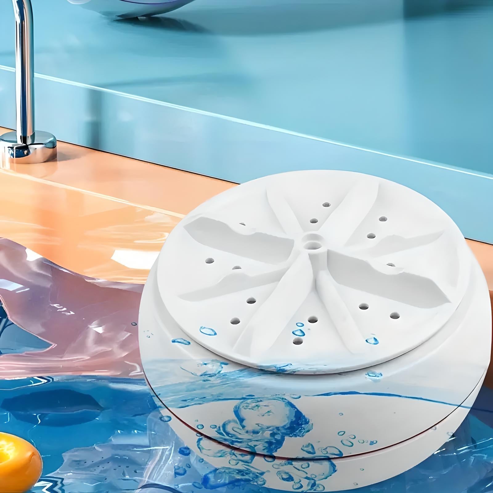 White washing machine impeller on a blue surface with water splashes, showcasing modern laundry technology. Efficient cleaning appliance part.