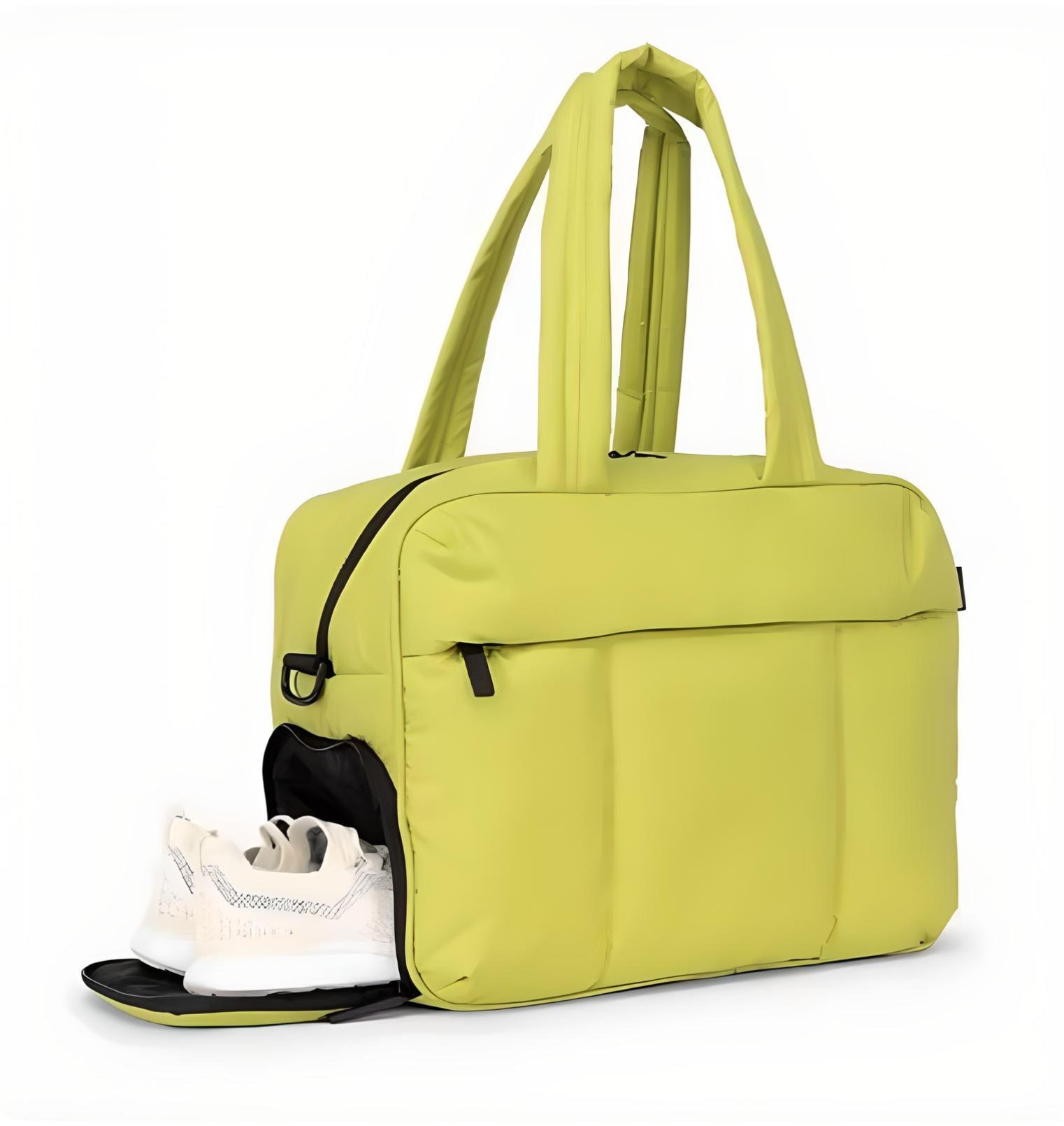 Lime green travel duffel bag with shoe compartment, featuring durable handles and sleek design. Ideal for gym, sports, and weekend trips.