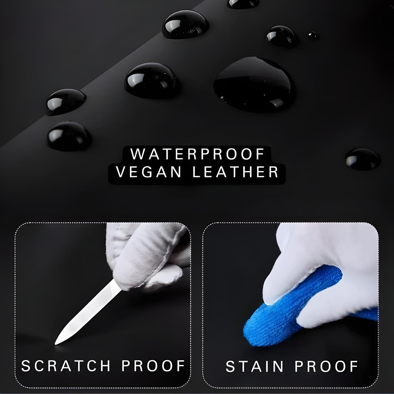 Waterproof vegan leather with scratch-proof and stain-proof features, showcasing durability and easy maintenance. Ideal for upholstery and accessories.