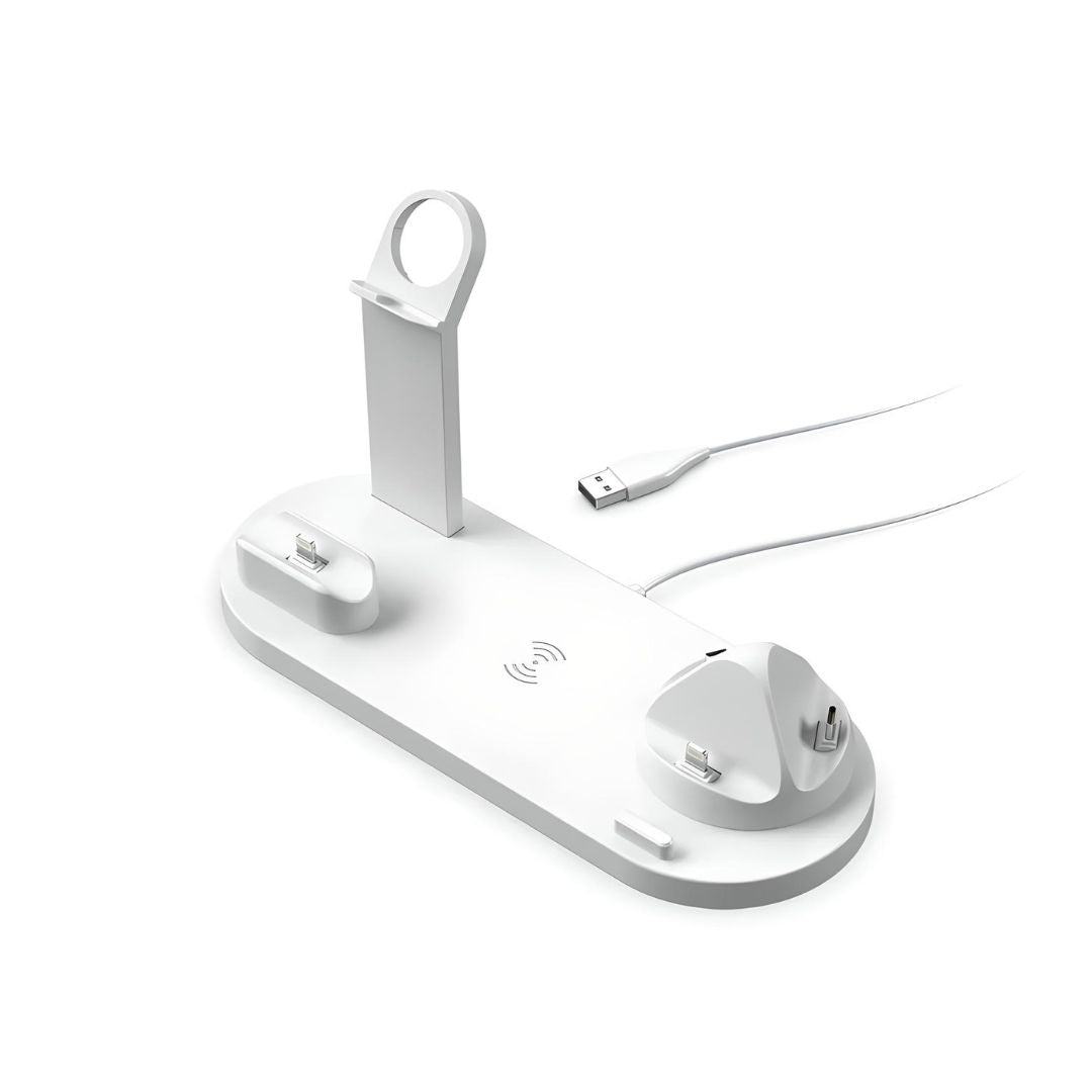 White multi-device charging station with wireless charging pad, USB cable, and slots for smartphone, smartwatch, and earbuds. Ideal for tech organization.