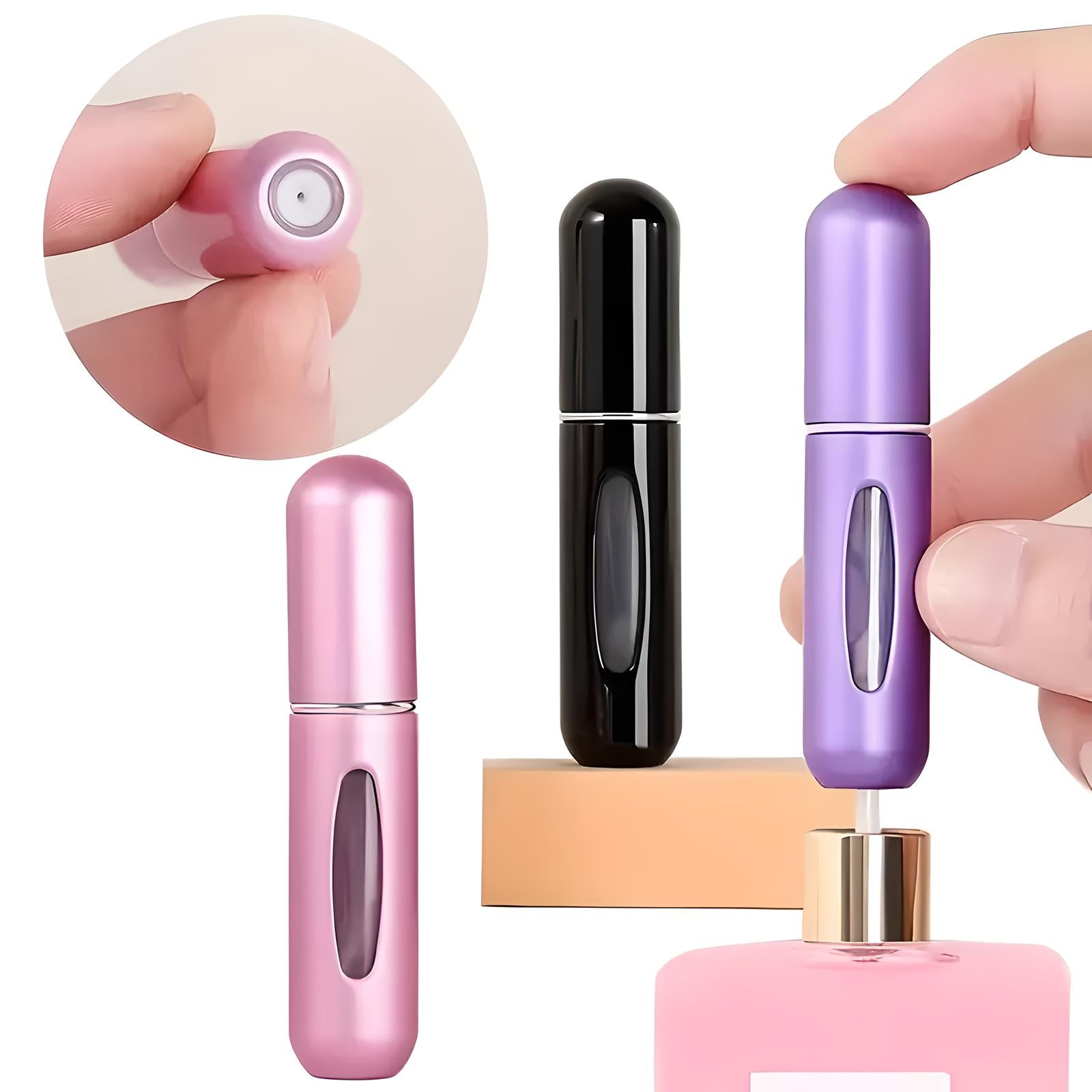 Travel perfume atomizer set in pink, black, and purple with refillable spray bottles. Compact, portable design for convenient fragrance application.