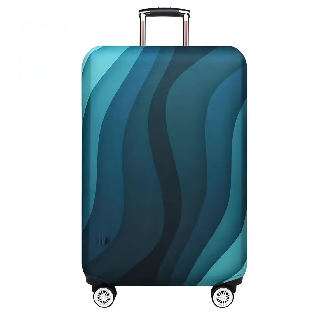 Stylish blue and black wave-patterned hard-shell suitcase with four wheels and a telescopic handle, ideal for travel and luggage storage solutions.