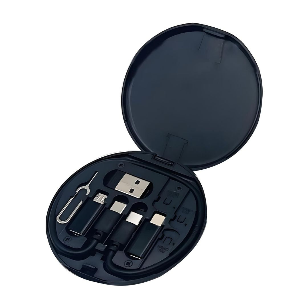 Compact travel adapter kit with USB-C, micro USB, and Lightning connectors in a sleek black case, ideal for charging multiple devices on the go.