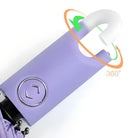 Rotating 360-degree purple umbrella handle with ergonomic design, featuring a circular button for easy operation. Ideal for travel and outdoor use.