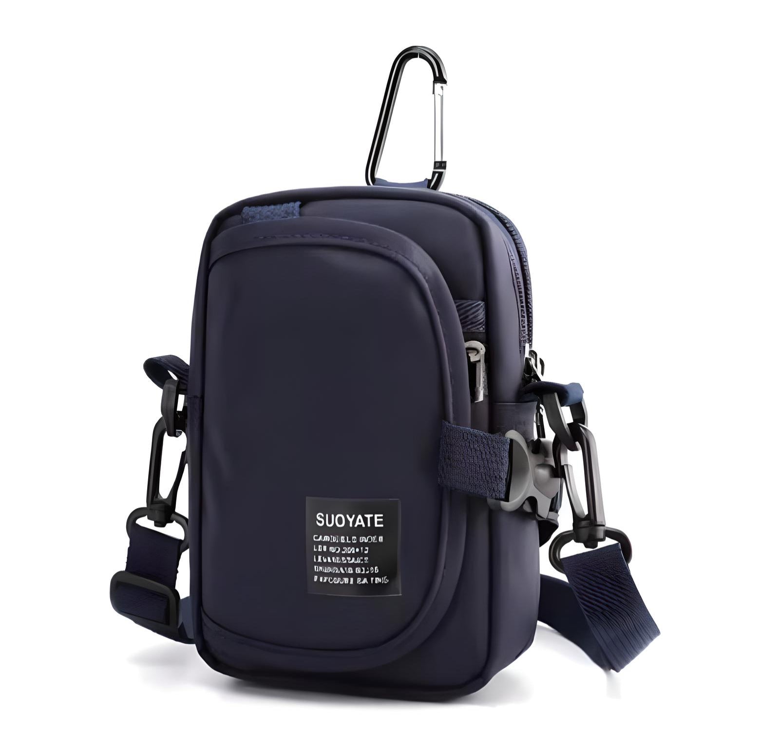 Compact navy crossbody bag with adjustable strap, multiple zippered compartments, and carabiner clip. Ideal for travel, outdoor activities, and daily use.