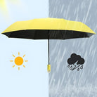 Yellow umbrella for sun and rain protection, featuring a split background with sun and rain icons. Ideal for all-weather use.