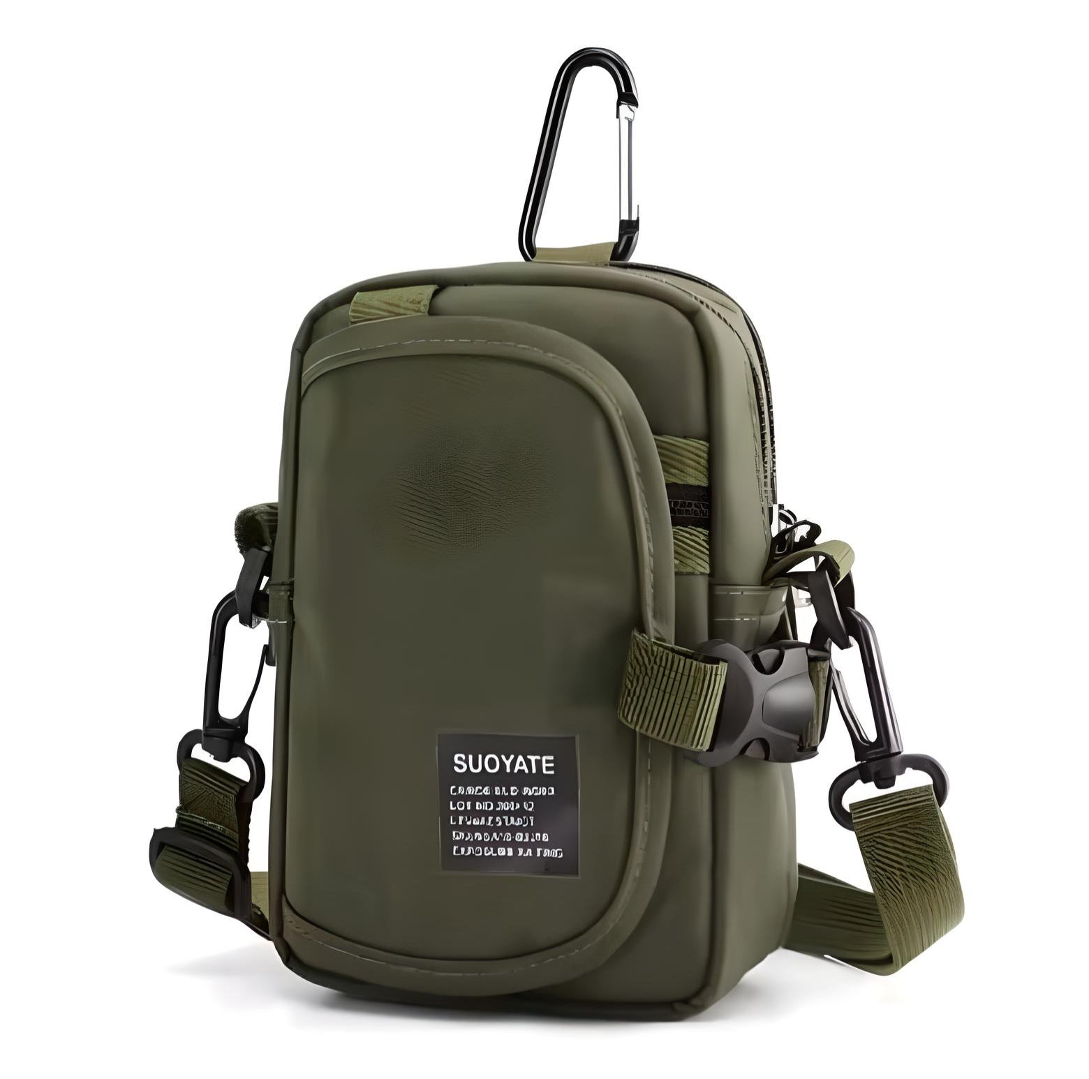 Olive green tactical crossbody bag with adjustable strap, carabiner clip, and front pocket. Ideal for outdoor activities and travel essentials.