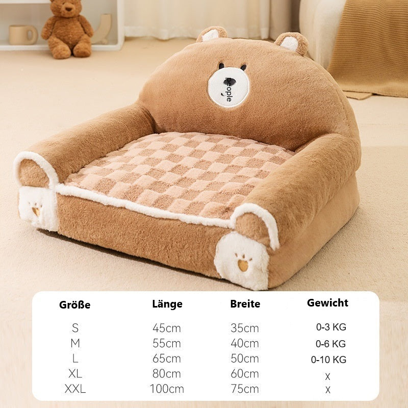 Cute brown bear-themed pet bed with checkered cushion, ideal for small to large dogs. Soft, plush design enhances comfort and style in pet furniture.