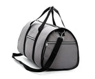 Gray duffel bag with black straps and multiple zippered pockets, ideal for travel and gym use. Durable, spacious, and stylish design.