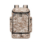 Digital camouflage backpack with multiple compartments, durable zippers, and adjustable straps. Ideal for outdoor activities and travel.