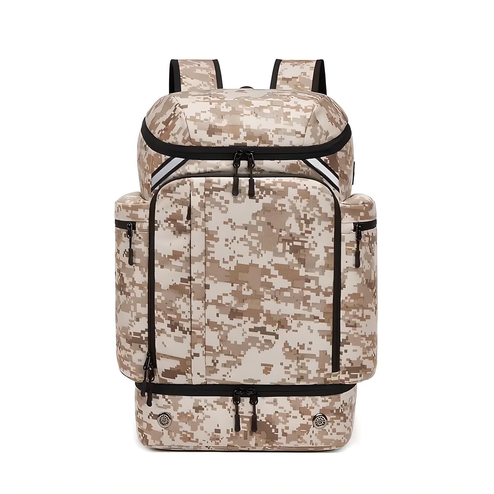 Digital camouflage backpack with multiple compartments, durable zippers, and adjustable straps. Ideal for outdoor activities and travel.