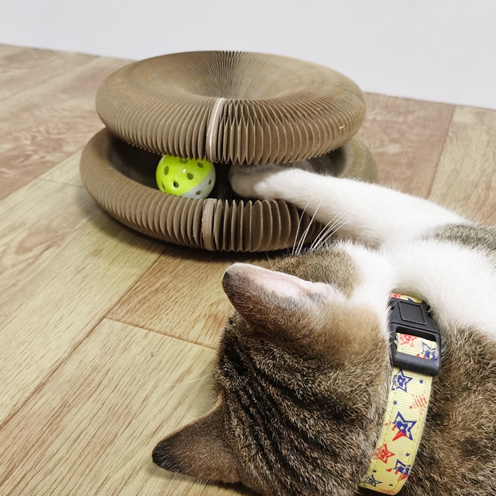 Cat playing with a round, brown corrugated cardboard toy on wooden floor, featuring a yellow ball inside. Interactive pet toy for cats.