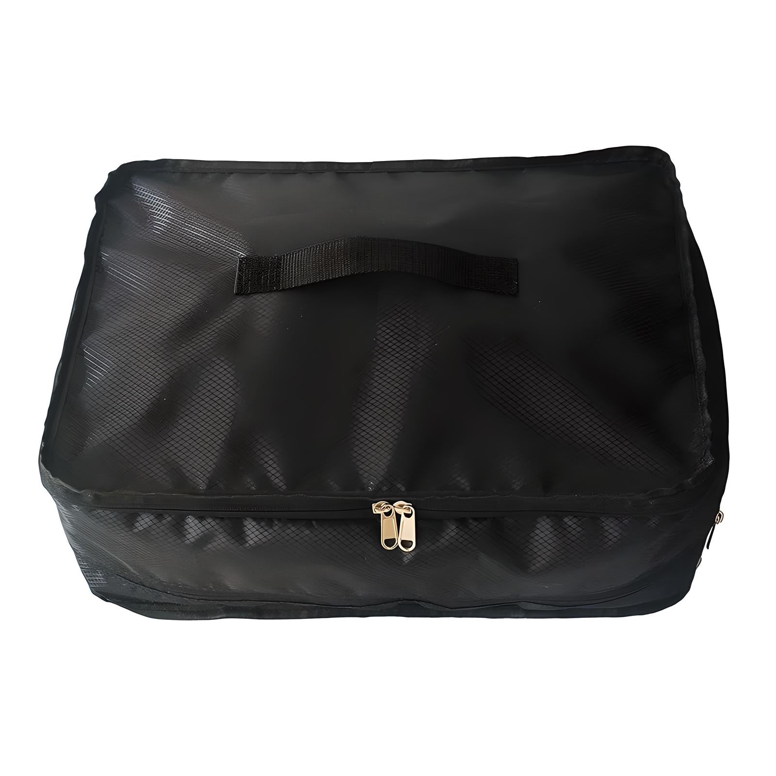 Black travel packing cube with zipper closure and handle, ideal for luggage organization. Durable, lightweight, and perfect for efficient packing.