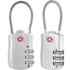 Silver TSA-approved combination luggage locks with flexible cable shackle, featuring three-digit dials for secure travel. Ideal for suitcases and backpacks.